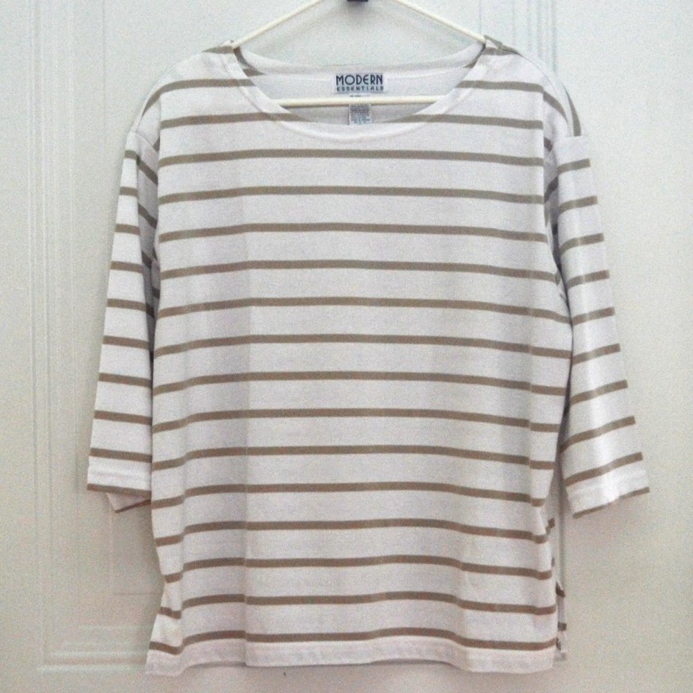 1992 Sears Modern Essentials 1X Top Boat-neck Khaki & White Horizontal Stripe